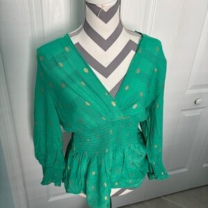 Harvé Benard Green & Gold Polka Dot Smocked Waist Blouse Size L NWT